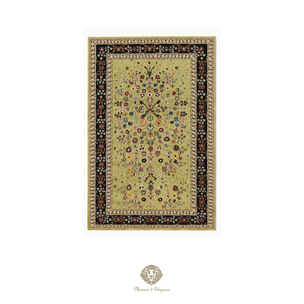 Decorative rug with intricate patterns on a verde background