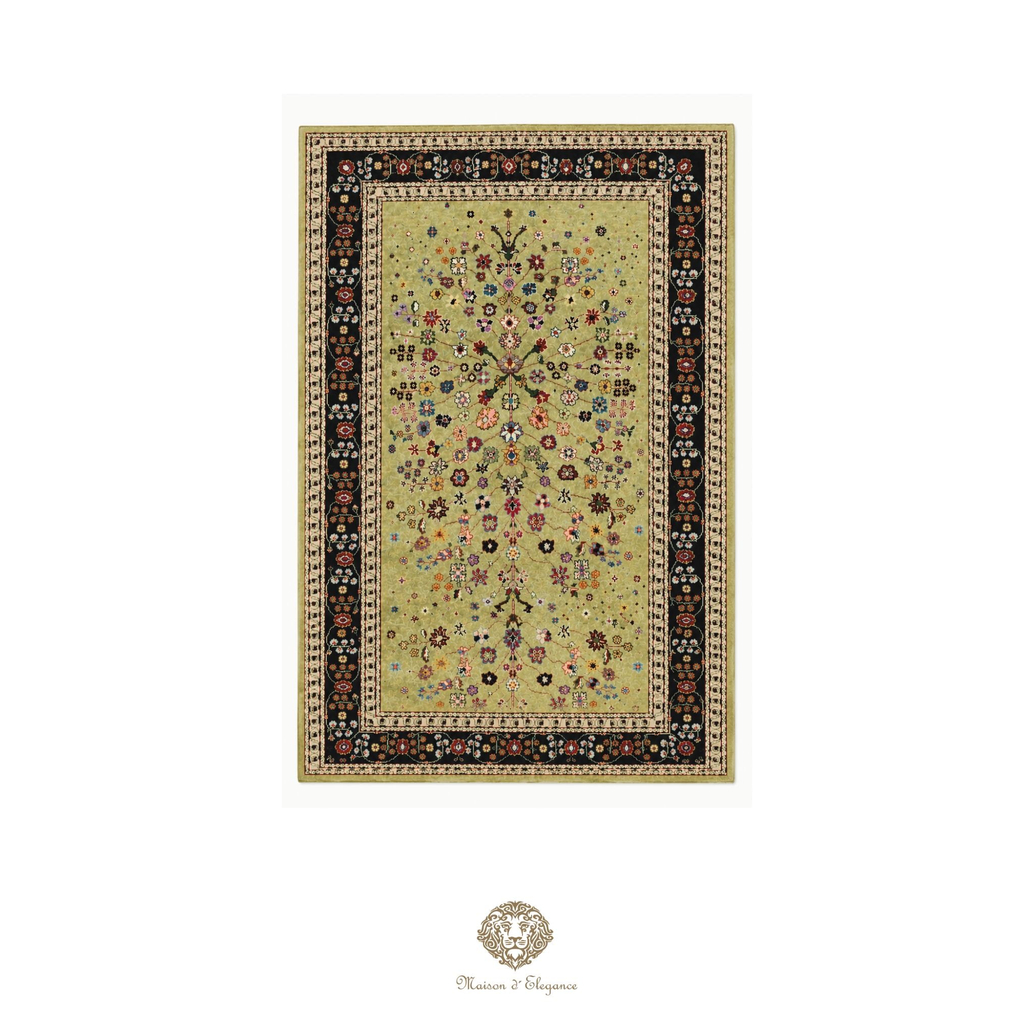 Decorative rug with intricate patterns on a verde background