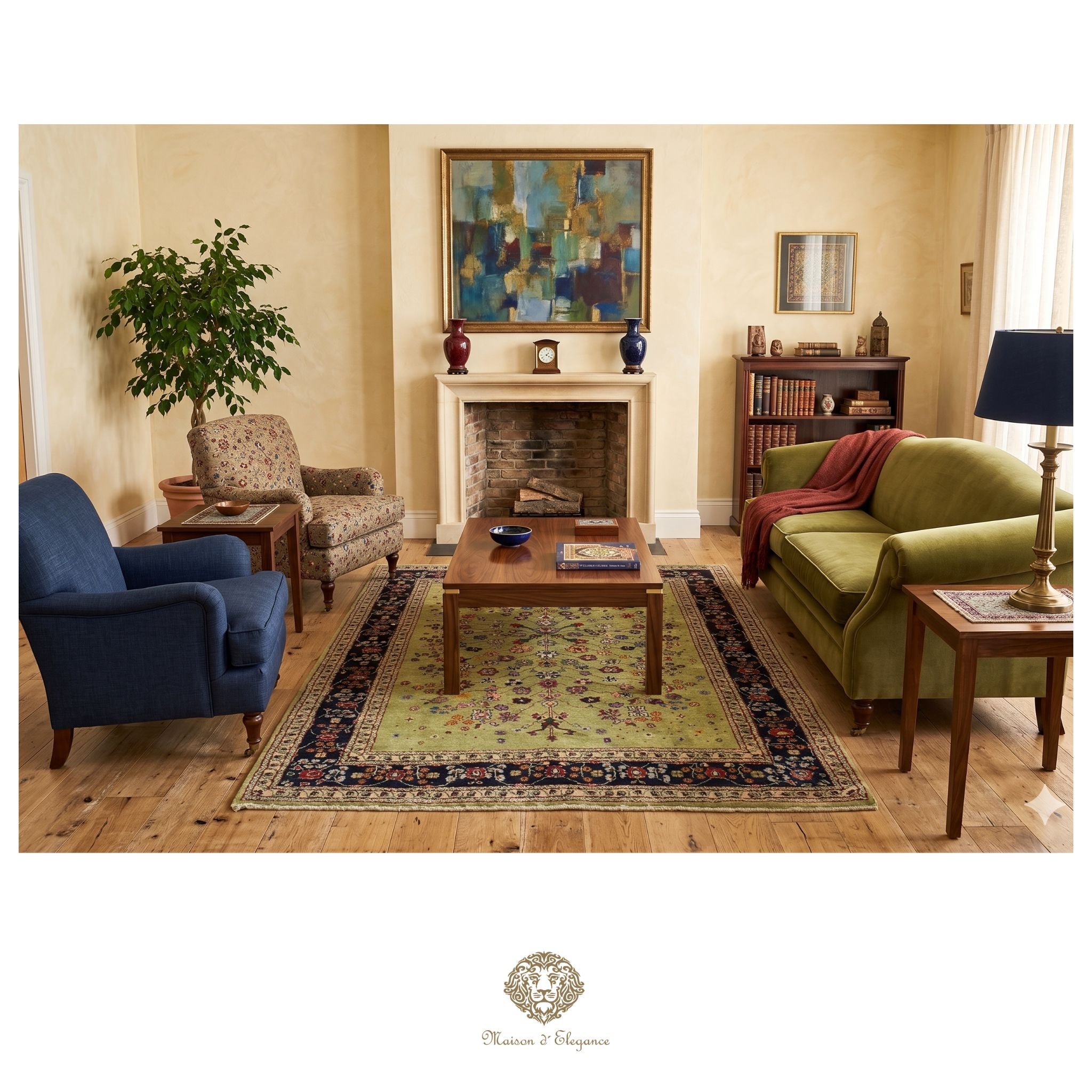 Living room with furniture and decor including a green sofa, blue armchair, and a fireplace.