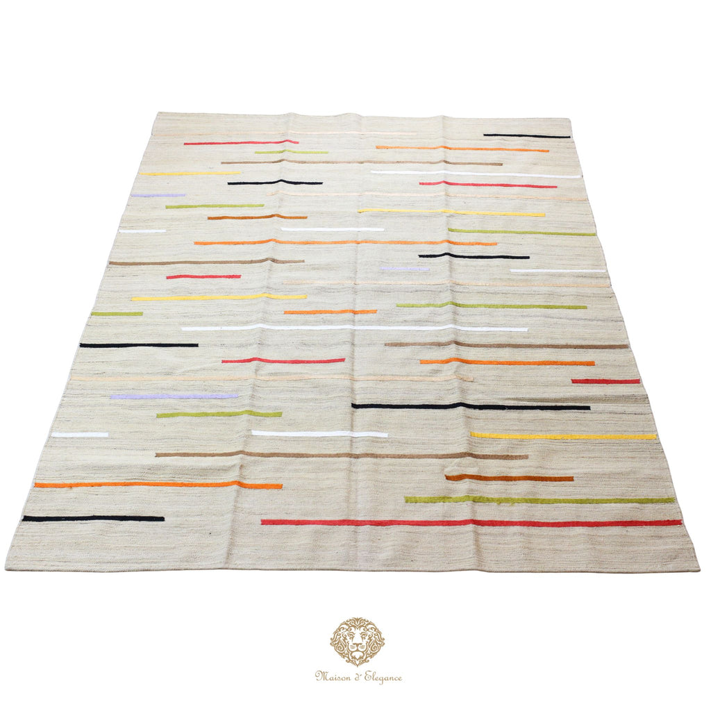 Rug with colorful striped pattern on a white background
