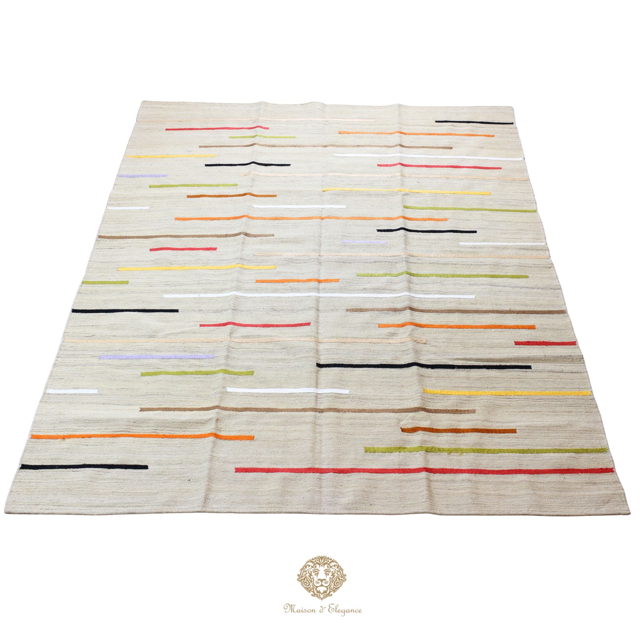 Rug with colorful striped pattern on a white background