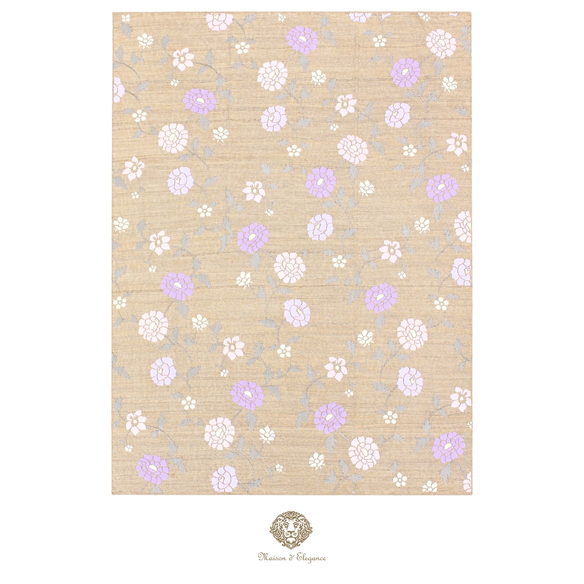 Floral patterned rug with purple and white flowers on a beige background, featuring a brand logo at the bottom.