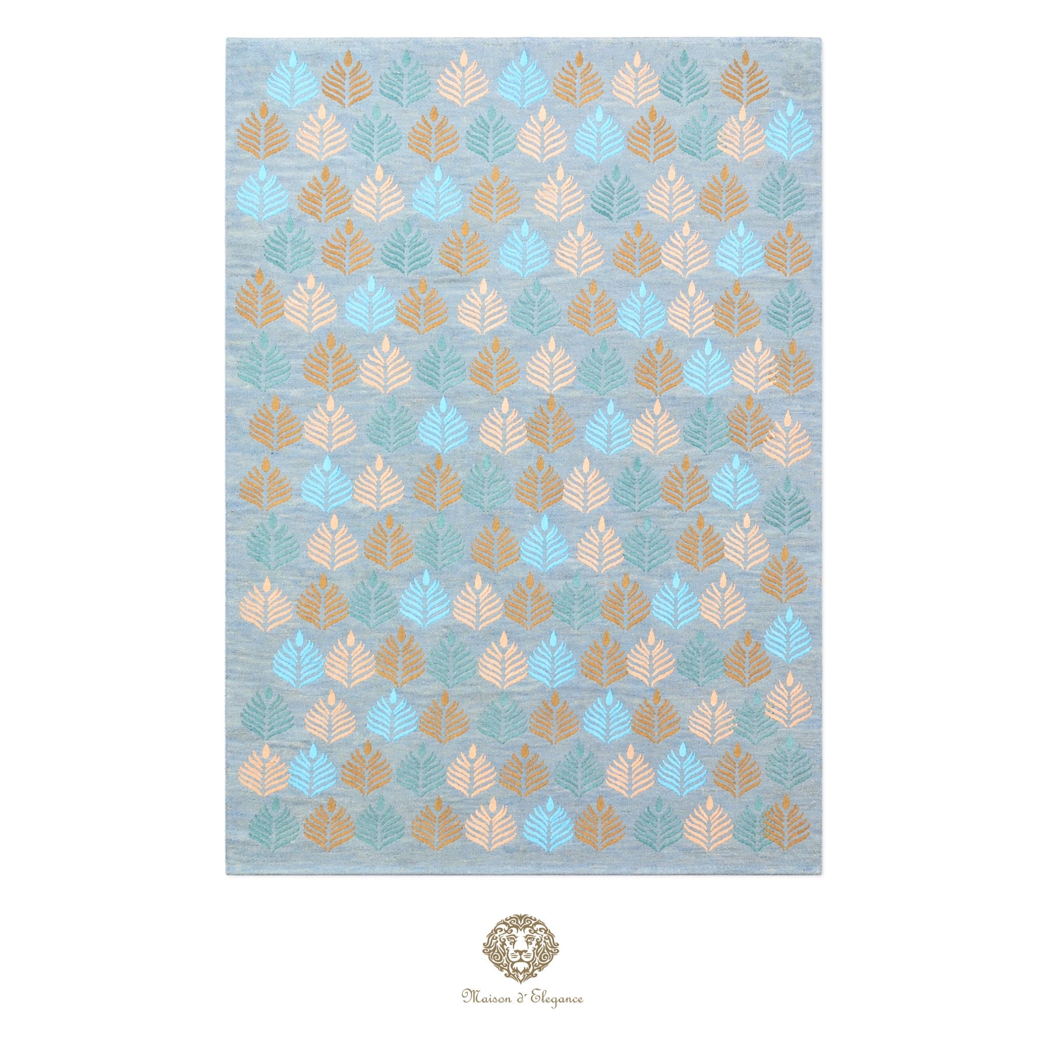 Patterned rug with geometric design on a light blue background