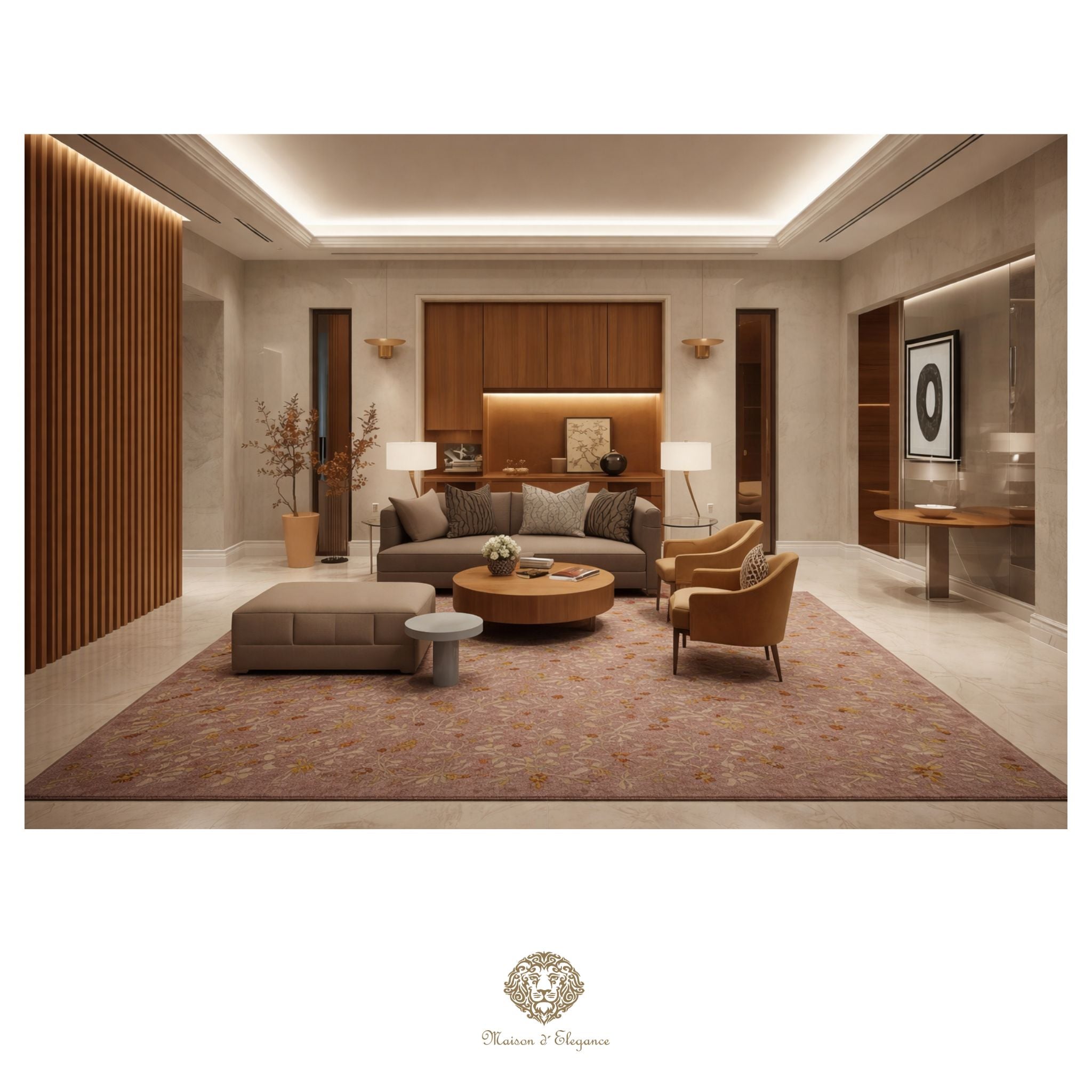 Modern living room with brown furniture and decor