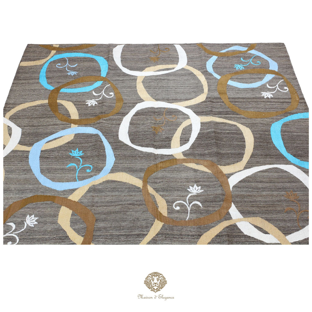 Kilim única moderna Tejido a Mano | Alfombra Plana de Lana y Seda con Tintes Naturales 217x298 cm