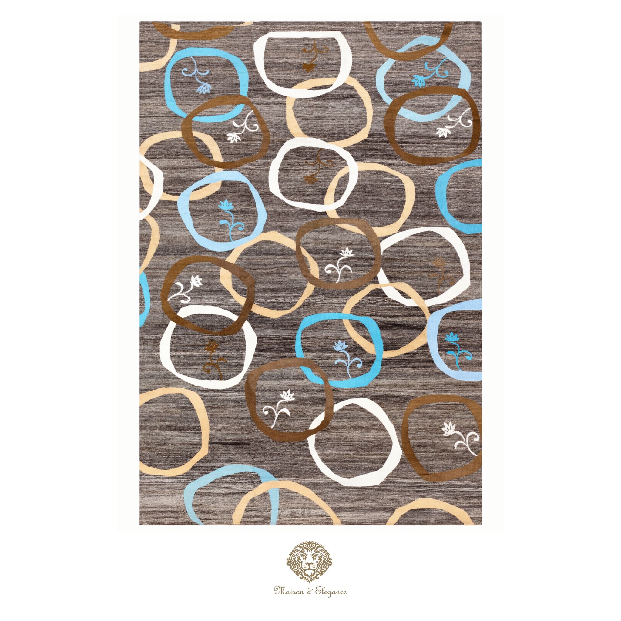 Patterned rug with circular designs in brown, blue, and beige on a white background