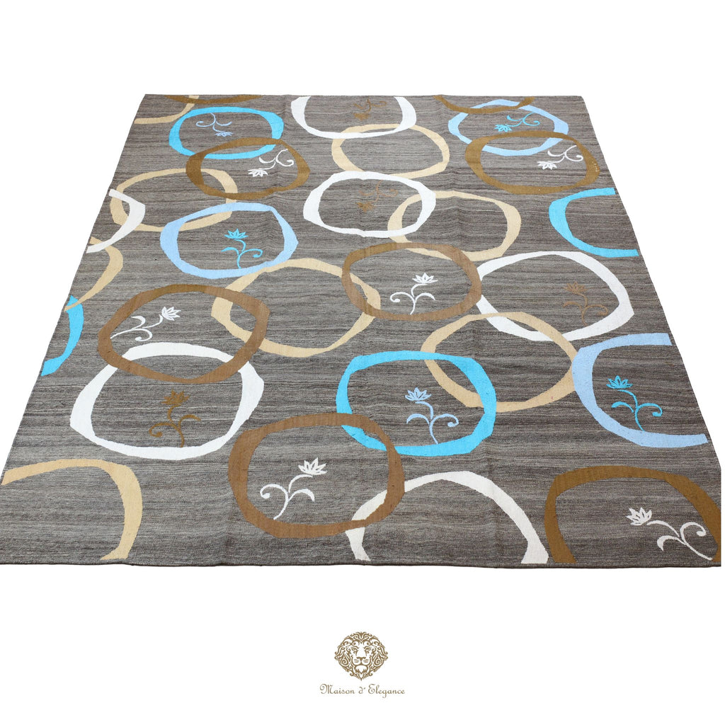 Kilim única moderna Tejido a Mano | Alfombra Plana de Lana y Seda con Tintes Naturales 217x298 cm