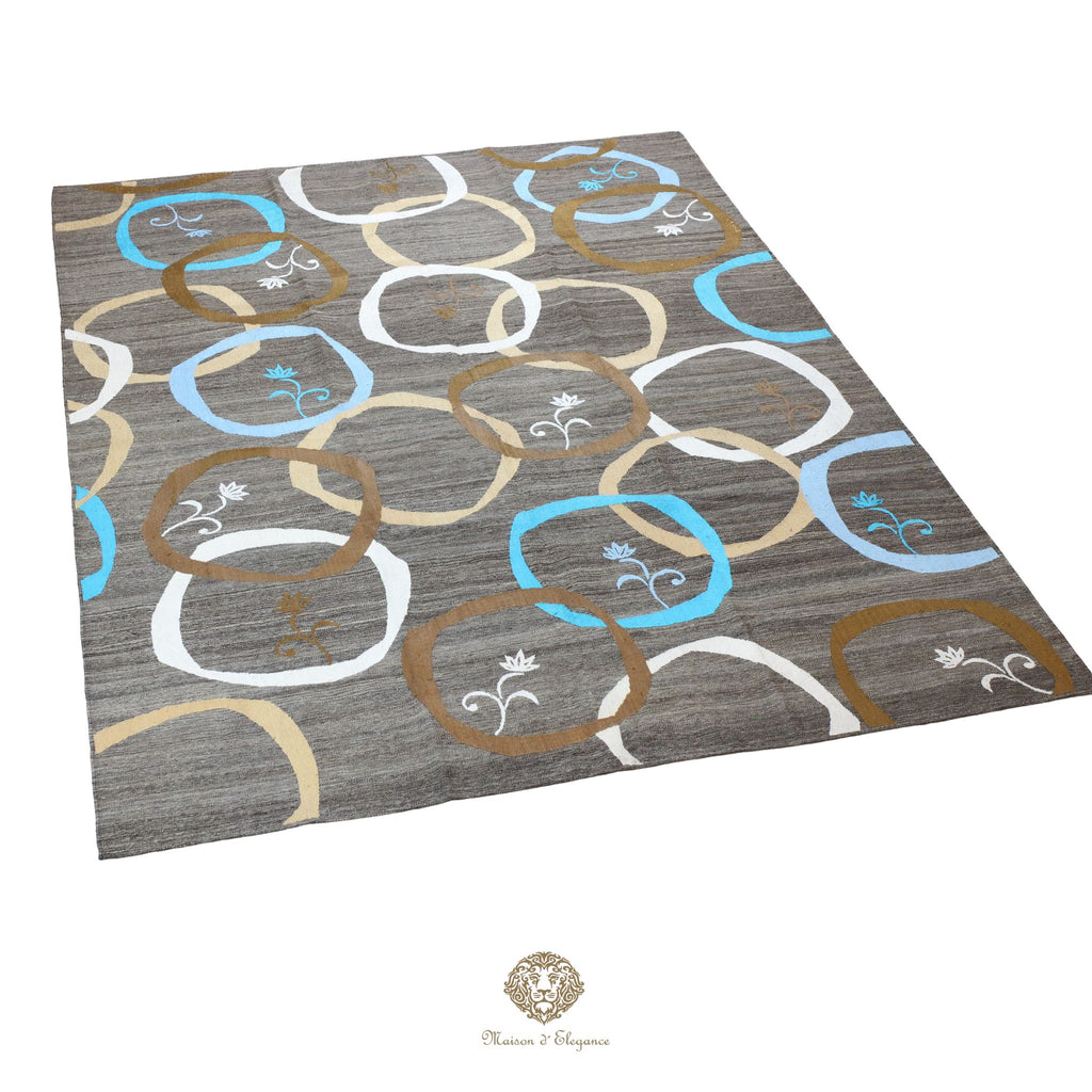 Kilim única moderna Tejido a Mano | Alfombra Plana de Lana y Seda con Tintes Naturales 217x298 cm