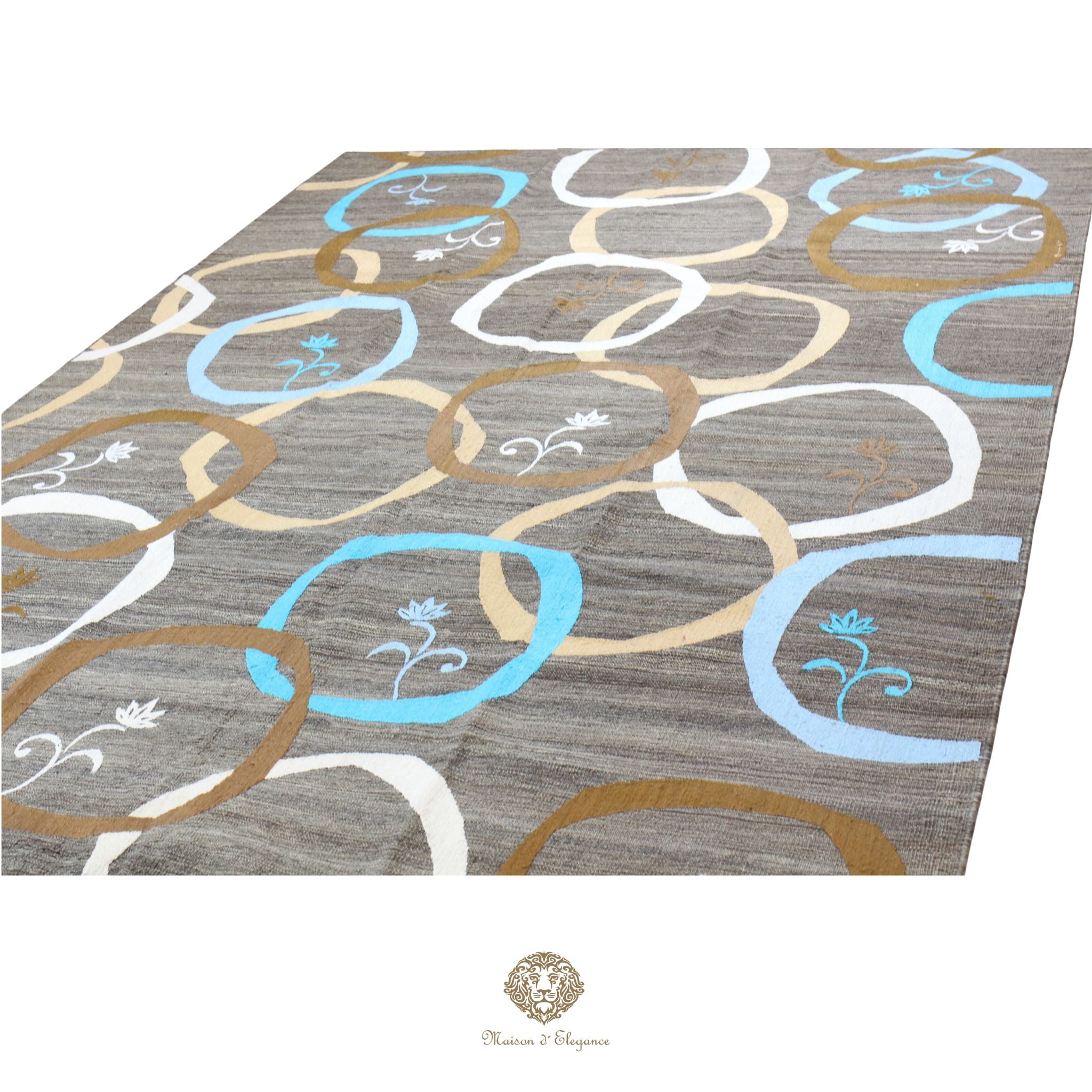 Kilim única moderna Tejido a Mano | Alfombra Plana de Lana y Seda con Tintes Naturales 217x298 cm