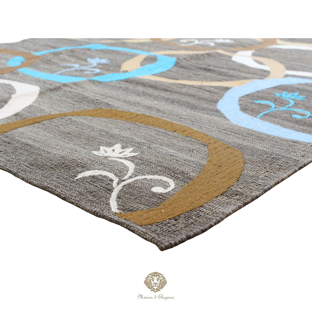 Kilim única moderna Tejido a Mano | Alfombra Plana de Lana y Seda con Tintes Naturales 217x298 cm