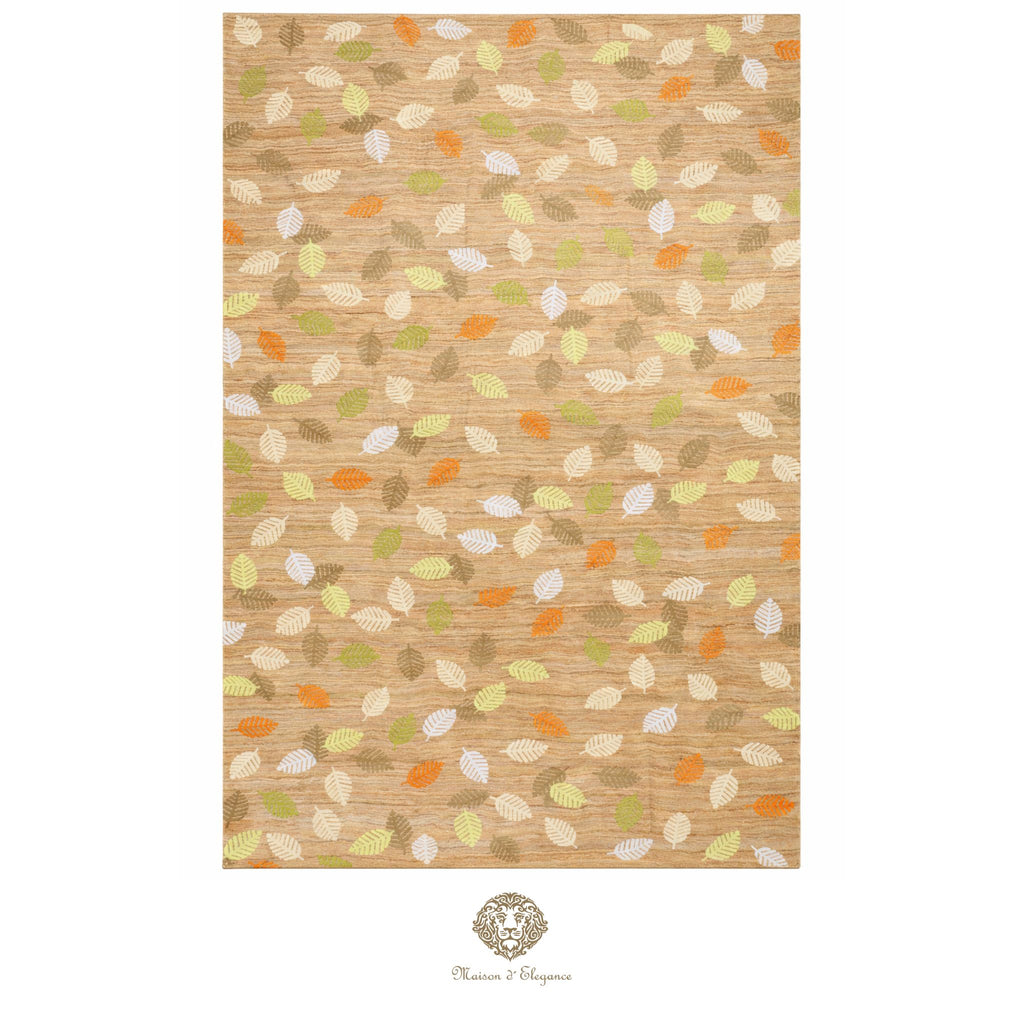 Patterned rug with leaf design on a beige background