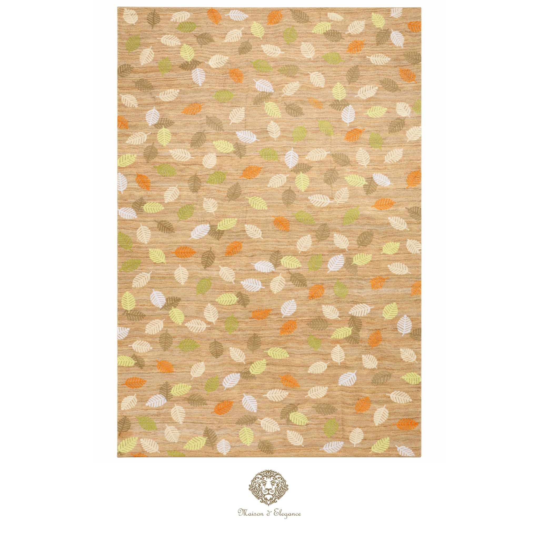 Patterned rug with leaf design on a beige background
