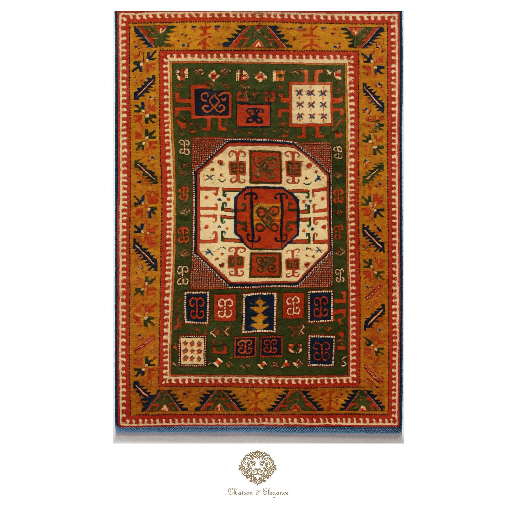 Decorative rug with intricate patterns on a green background