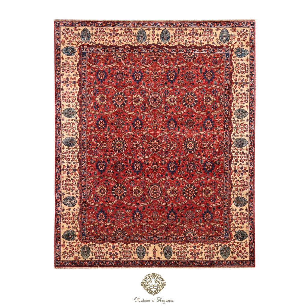Decorative red patterned rug with intricate designs on a red background