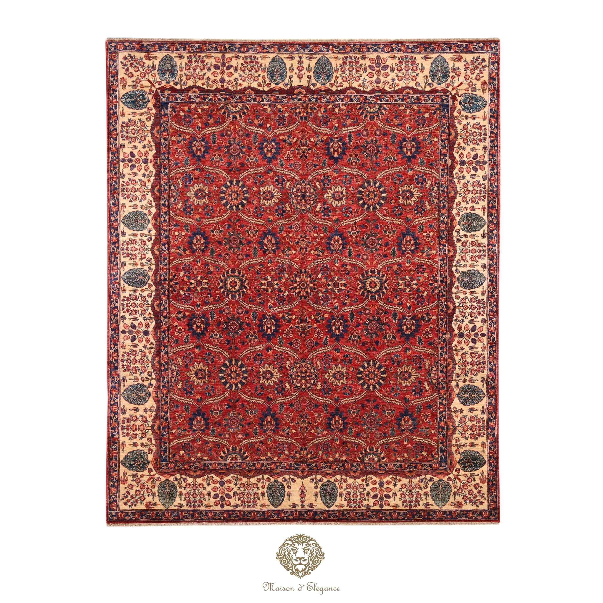 Decorative red patterned rug with intricate designs on a red background