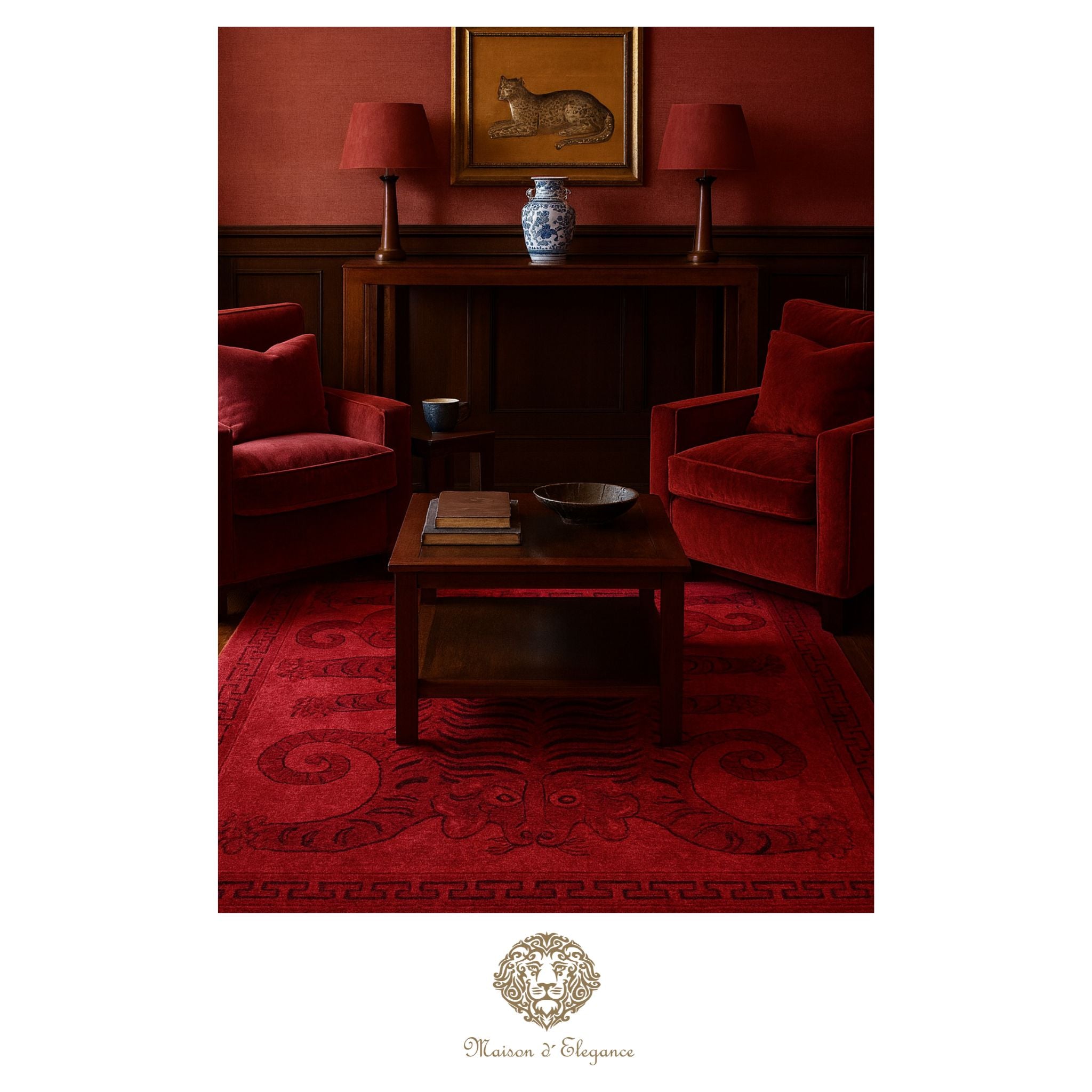 Red living room with two chairs, a coffee table, and decorative items on a red rug.