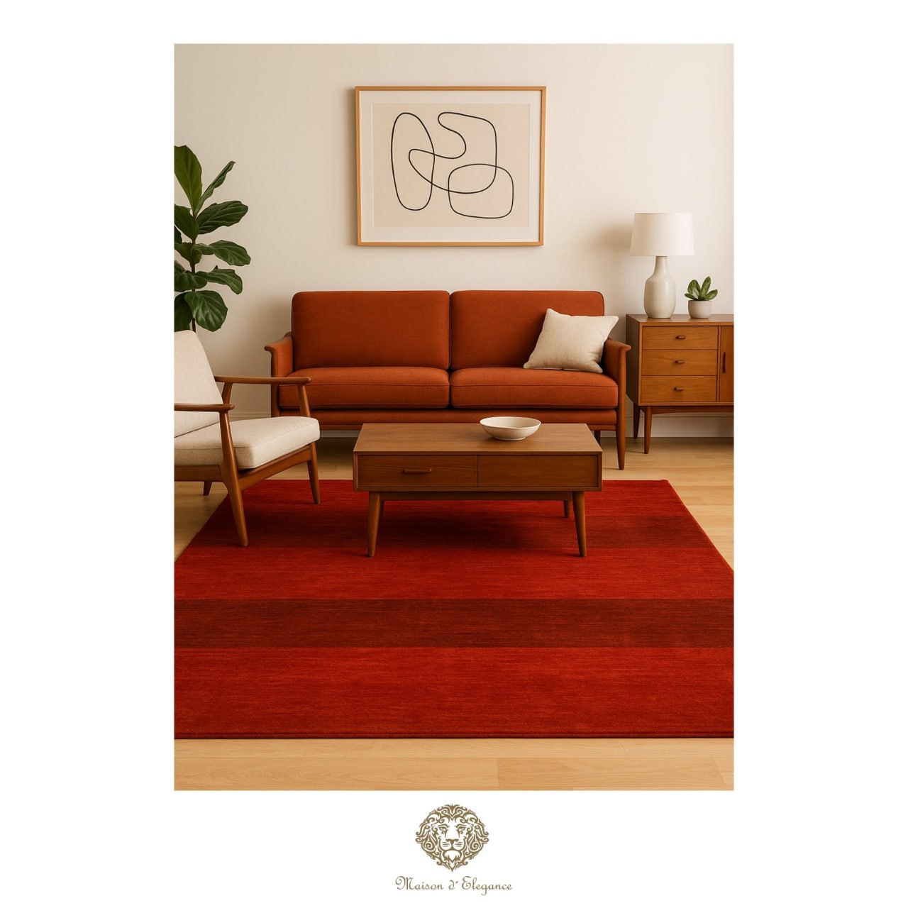 Living room with a red rug, brown sofa, and wooden coffee table.