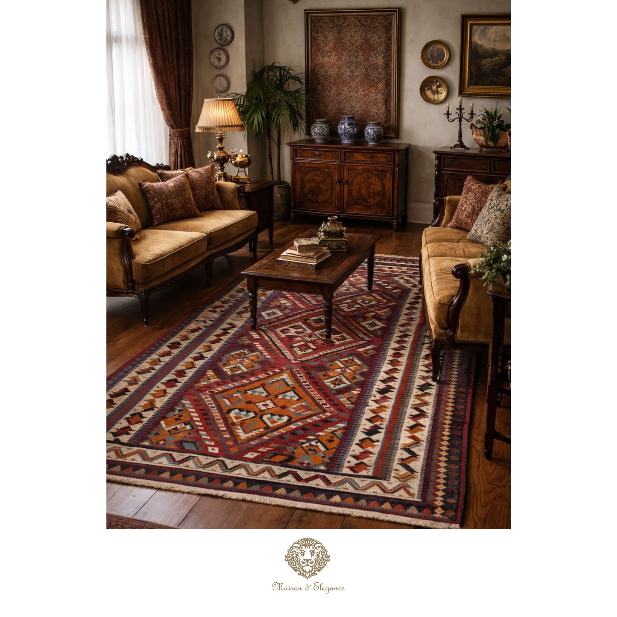 Living room with patterned rug, wooden furniture, and decorative elements.