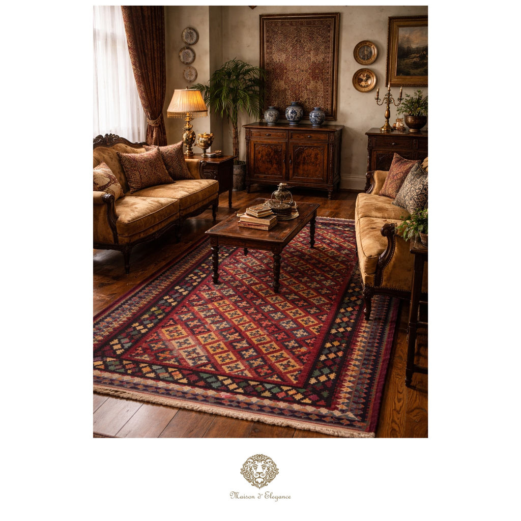 Living room with a patterned rug, wooden furniture, and decorative items.