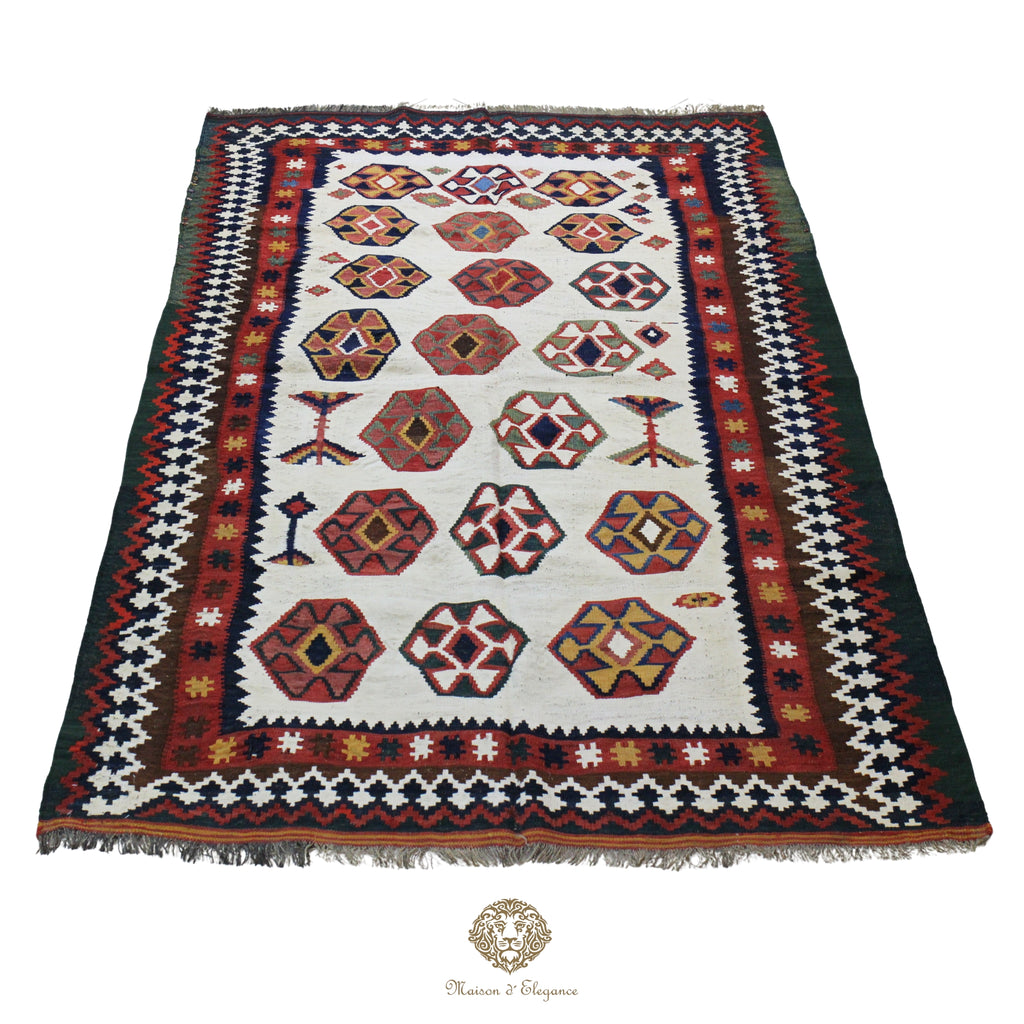 Alfombra Kilim Persa Qashqai Antigua Lana | Diseño Geométrico 136x237 cm