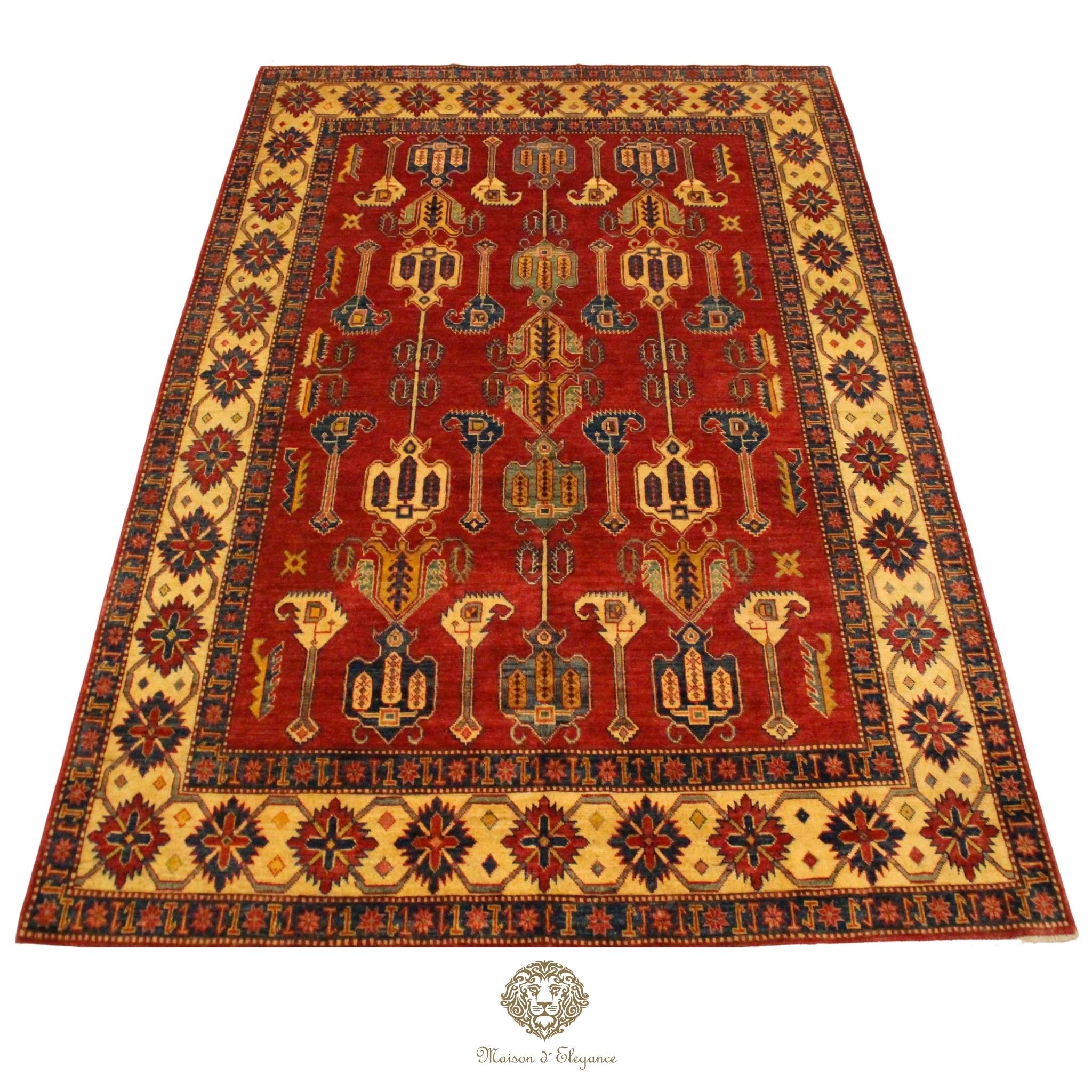 Decorative rug with intricate patterns on a Burgundy background