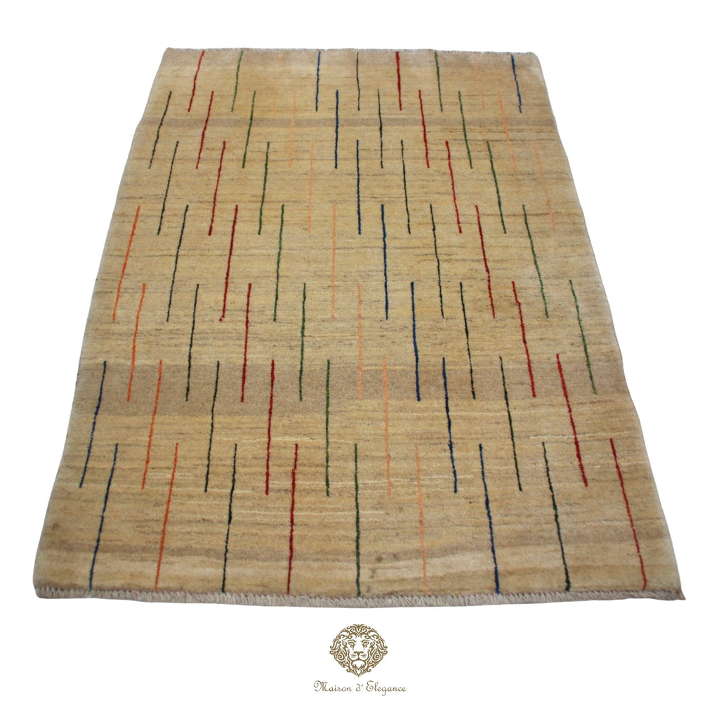 Beige rug with red and blue lines on a Ivory background