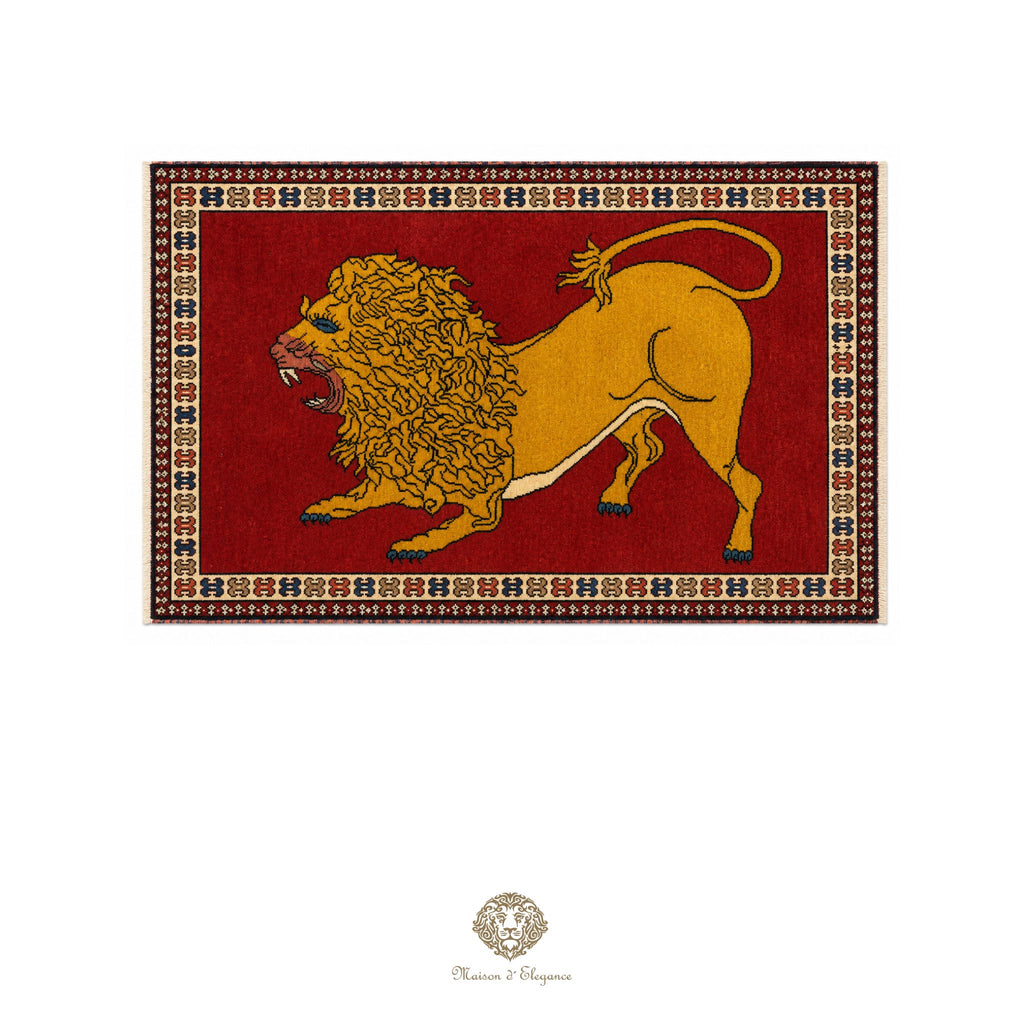 Alfombra persa Yalameh con diseño tribal de león, teñida con tintes naturales | Hecha a mano, 89 x 136 cm