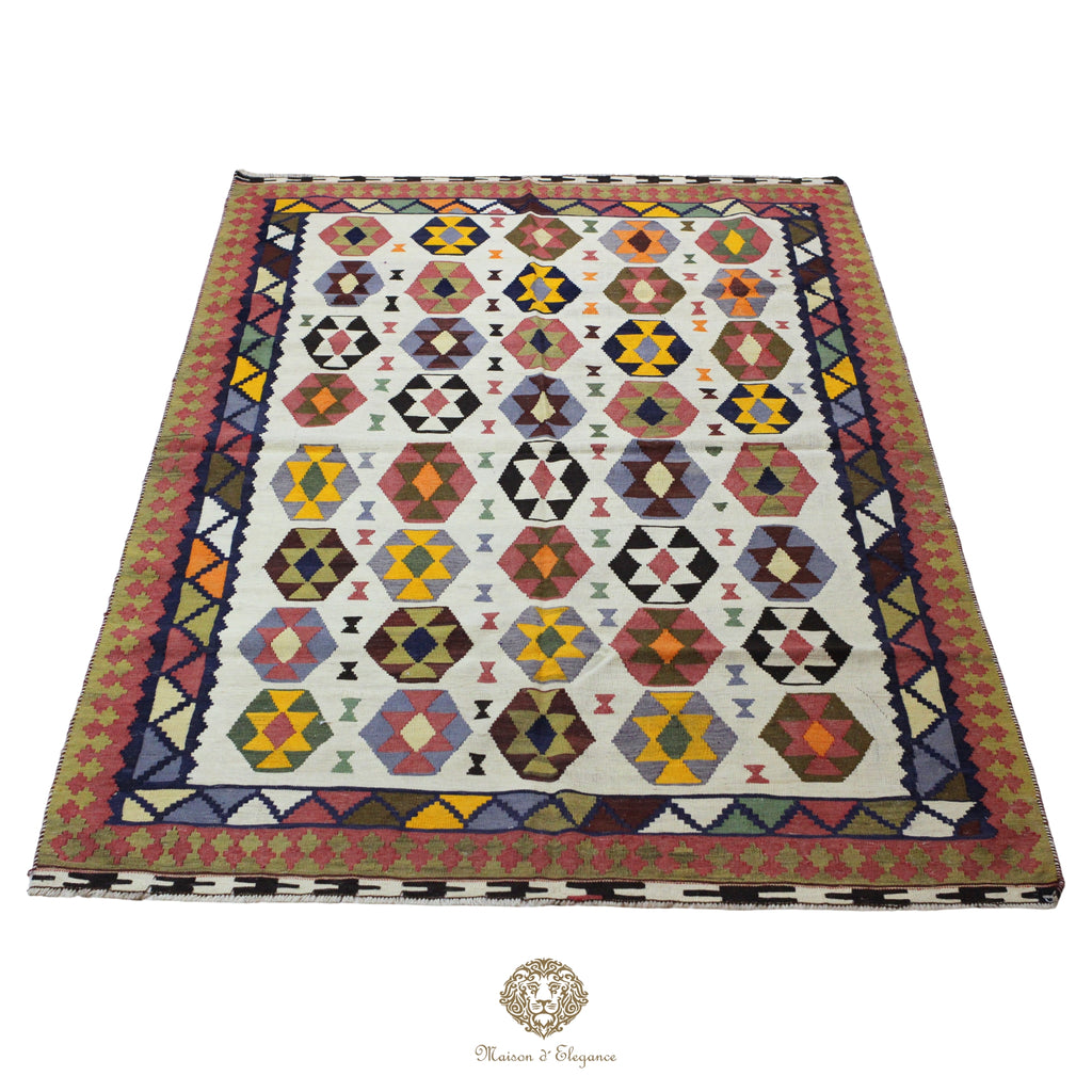 Alfombra Kilim Persa Qashqai Antigua Lana Natural Diseño Geométrico 163x258 cm