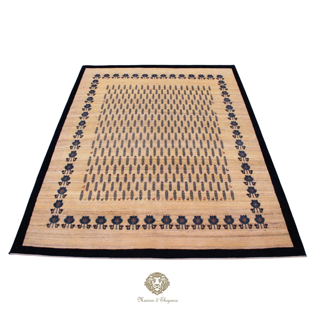 Decorative rug with floral border on a white background