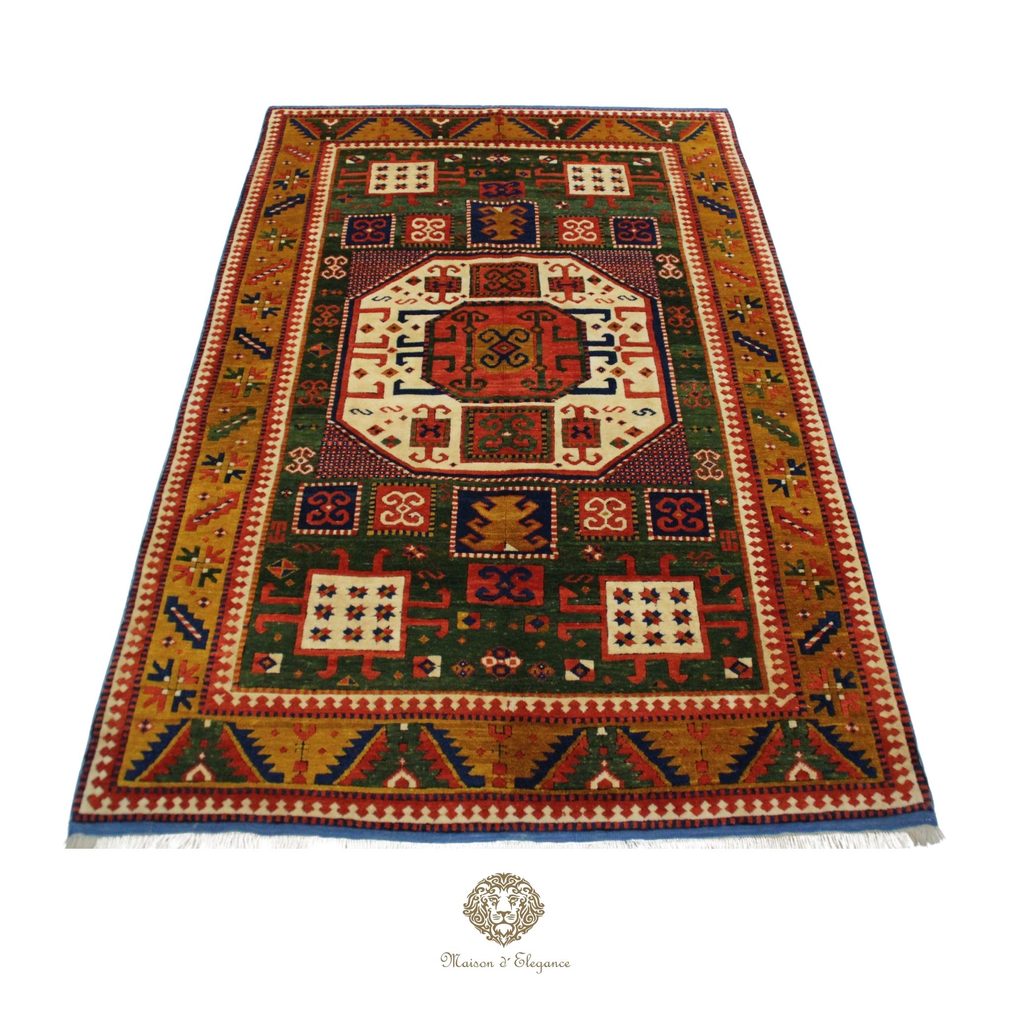 Decorative rug with geometric pattern on a Green background