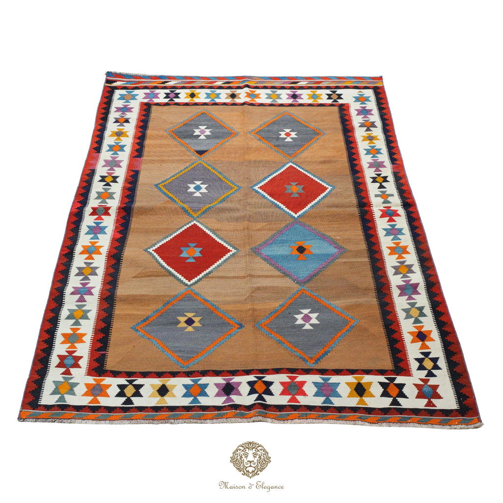 Alfombra Kilim Persa Qashqai Antigua Lana | Diseño Geométrico 154x244 cm