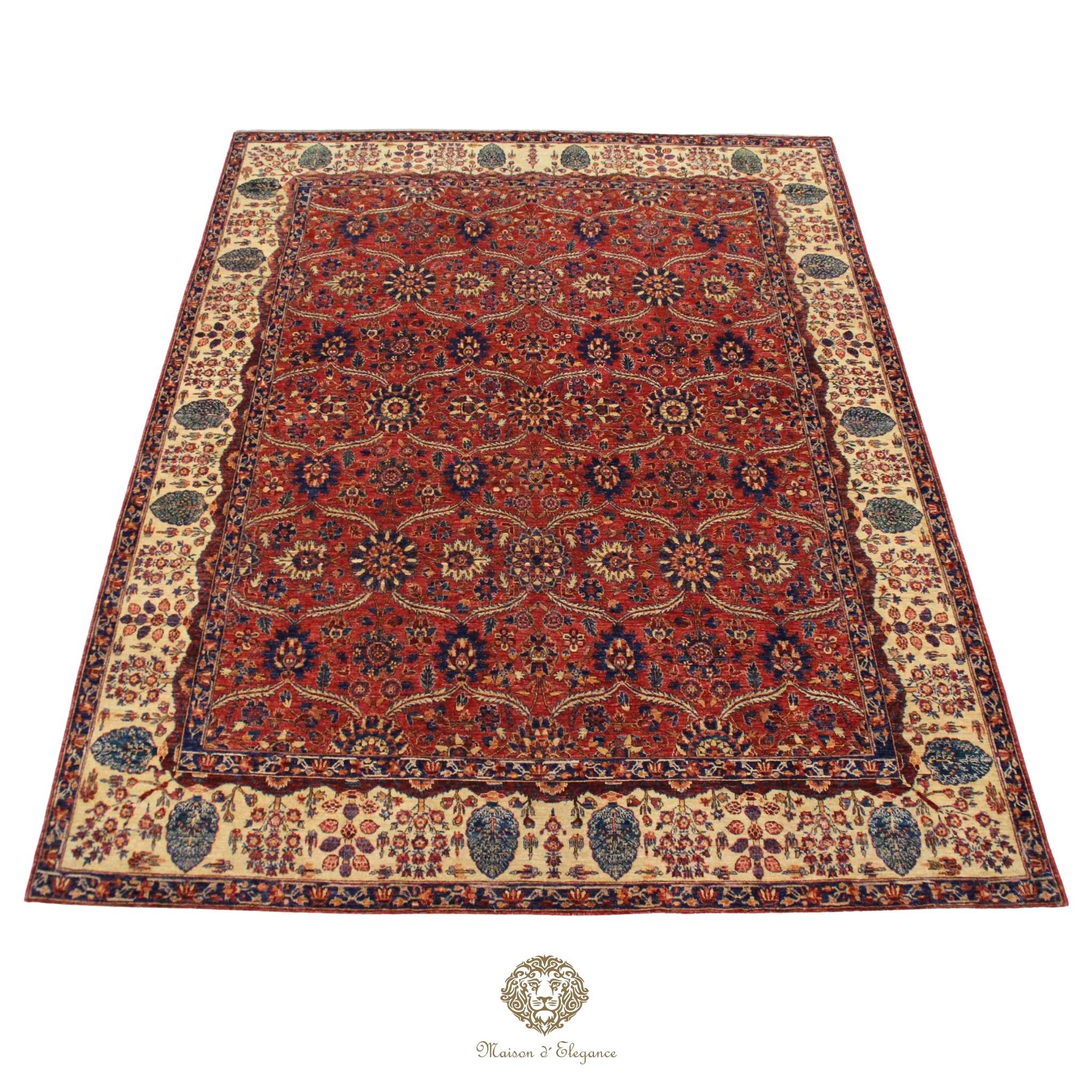 Decorative rug with intricate patterns on a red background