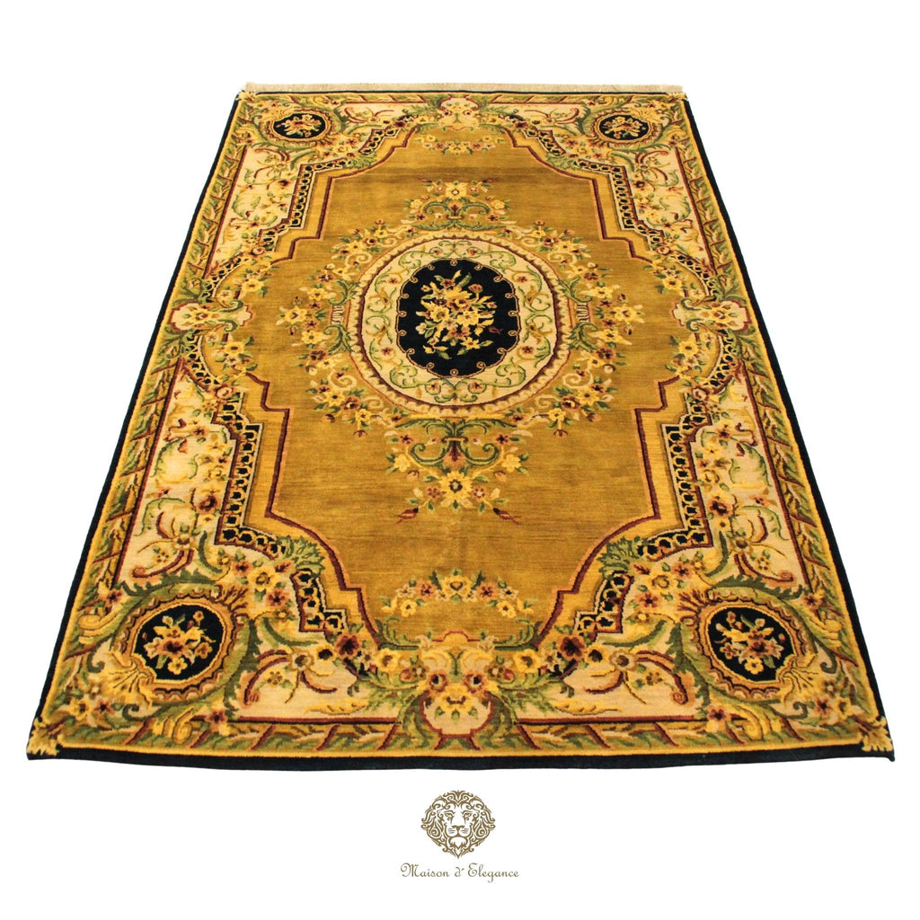 Decorative rug with intricate patterns on a brown background