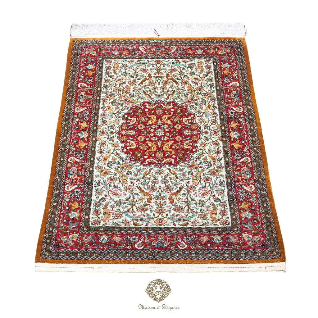 Alfombra persa exclusiva de seda pura, anudada a mano, teñida de forma natural, obra maestra de alta gama, firmada, 102 x 168 cm