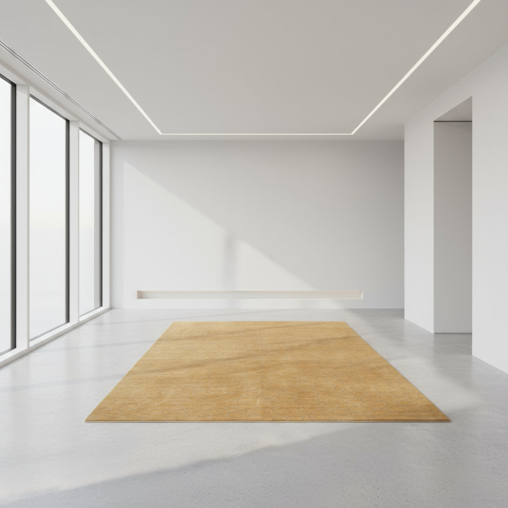 Bi color rug on a brown background with a brand logo at the bottom.