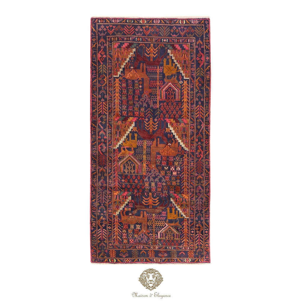 Decorative rug with intricate patterns on a navy background