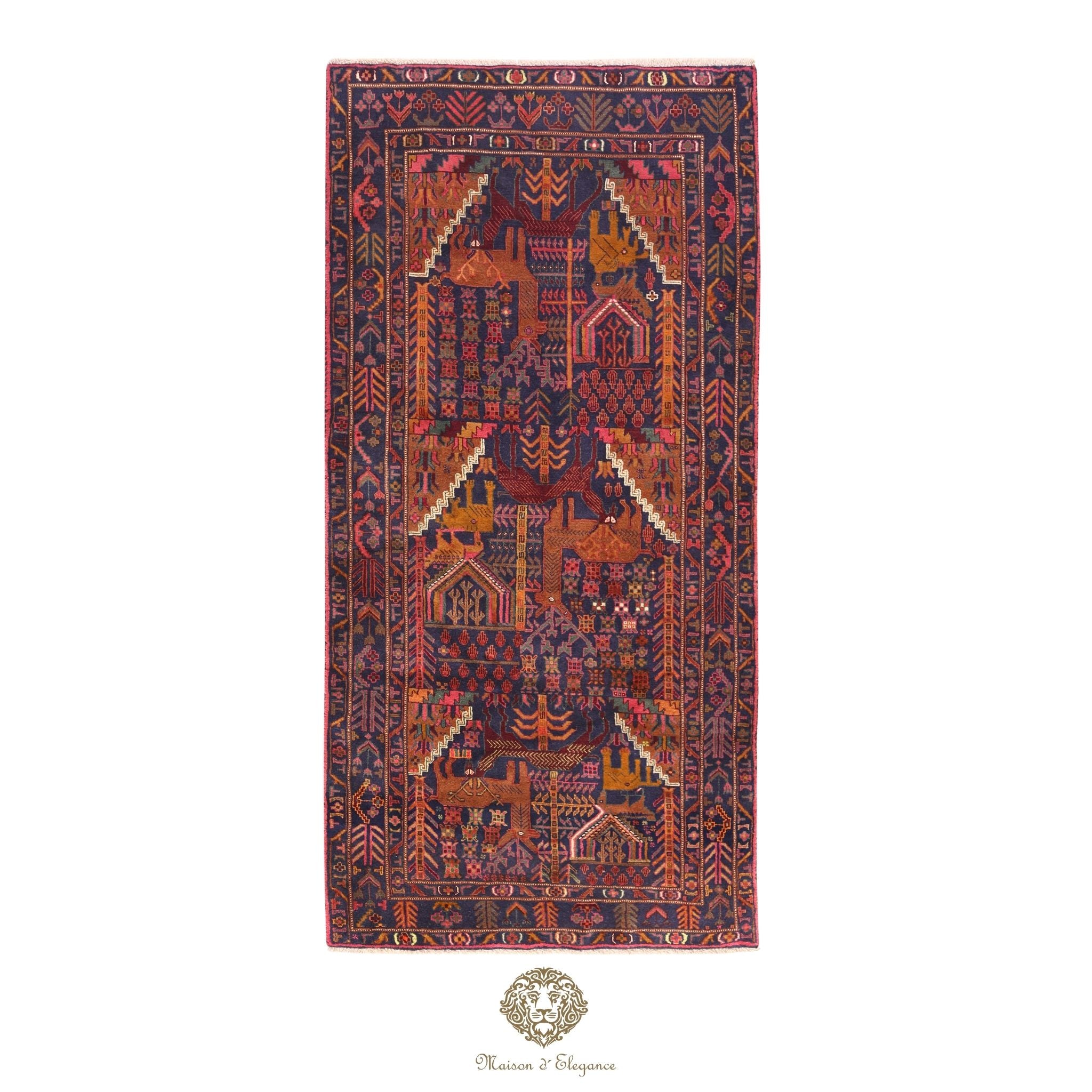 Decorative rug with intricate patterns on a navy background