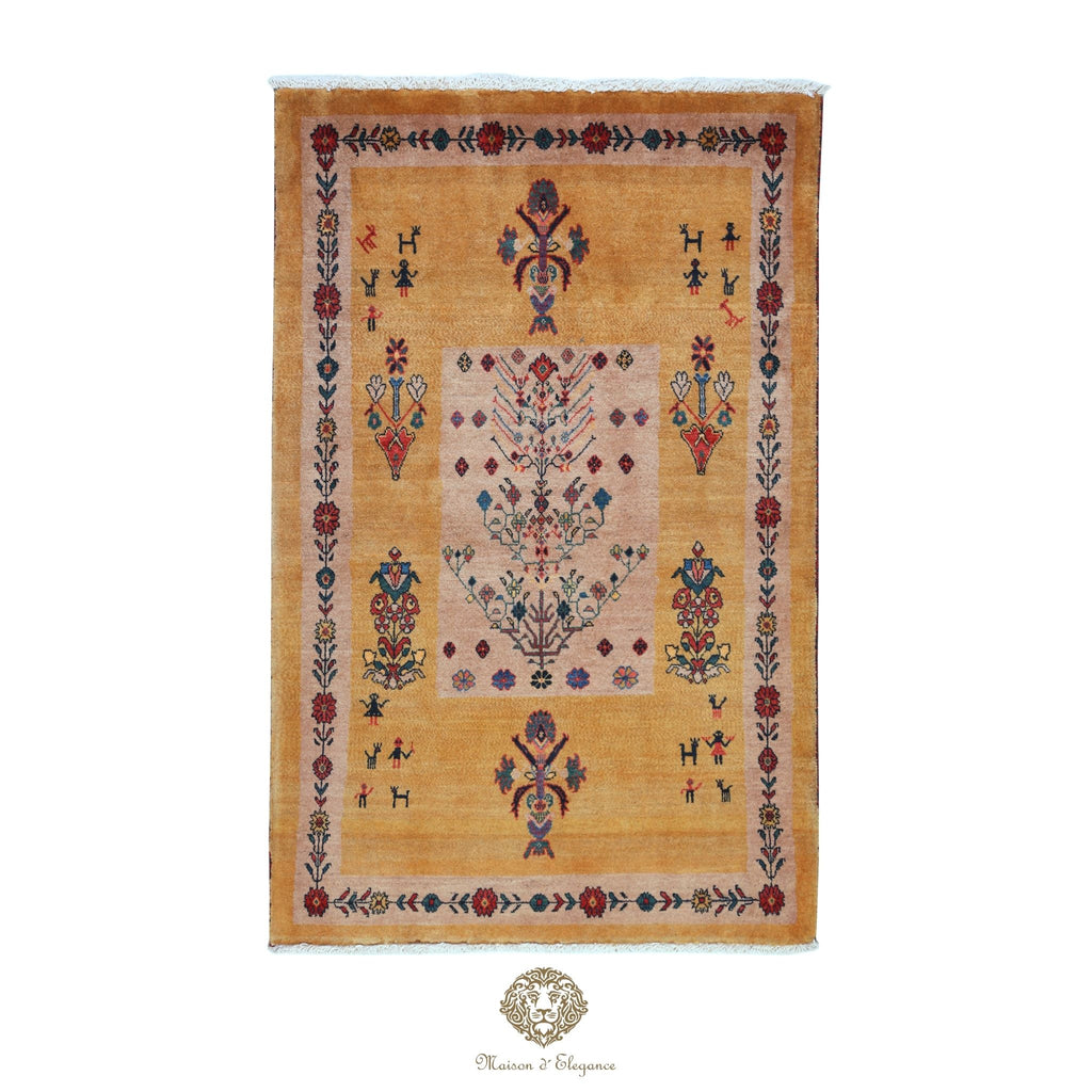 Decorative rug with central floral design and border on a gold background