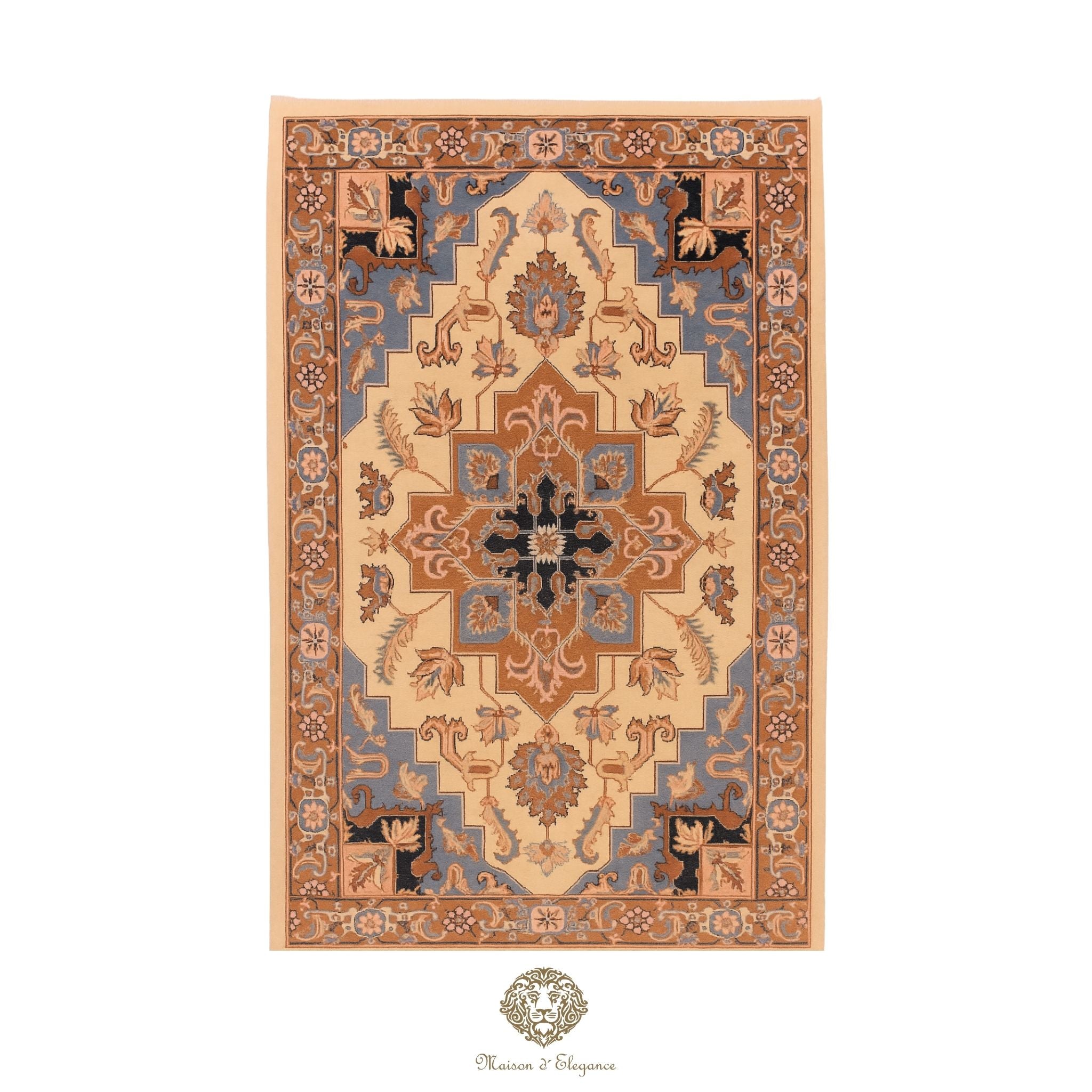 Decorative rug with intricate patterns on a Ivory background