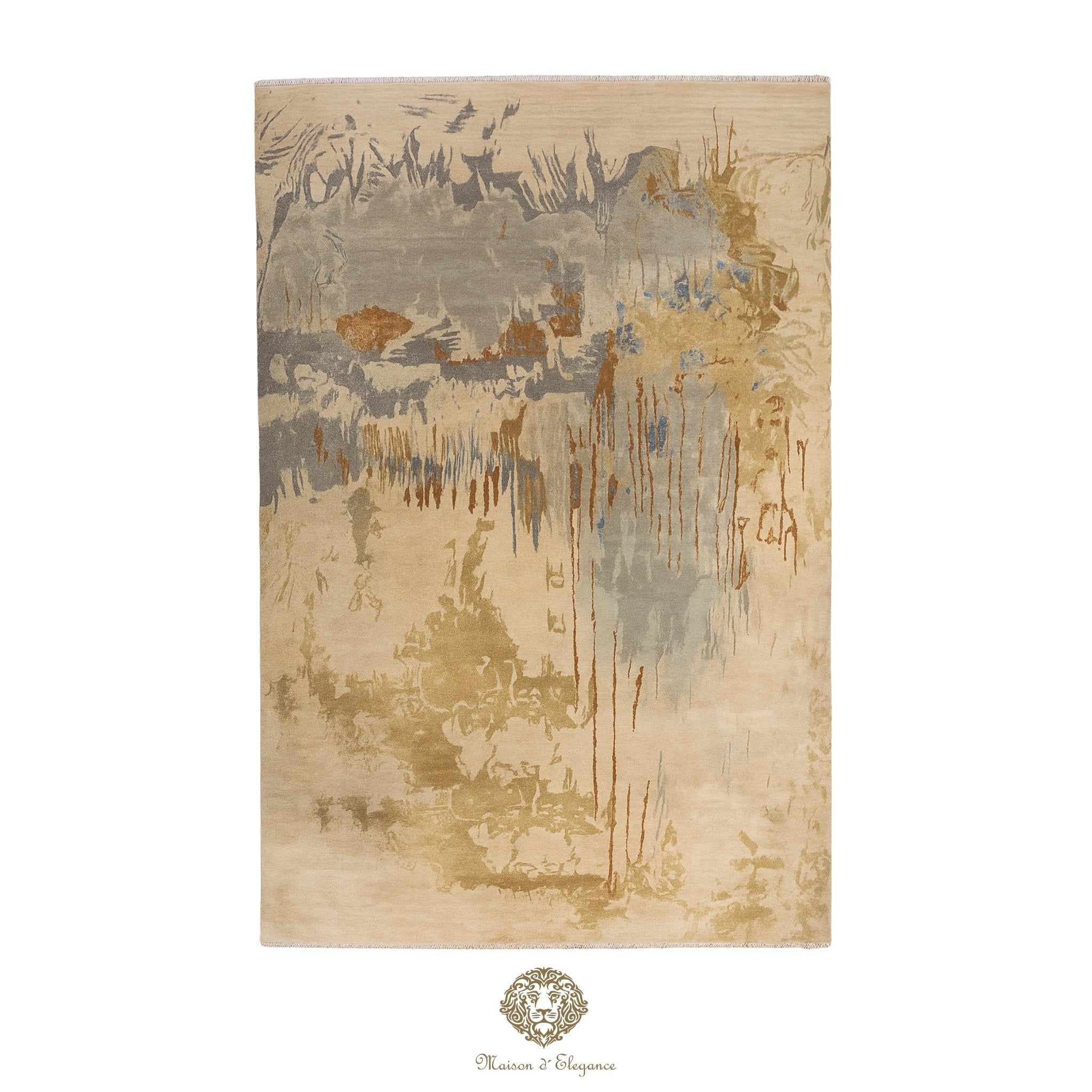 Abstract patterned rug with brown and beige tones on a Ivory background