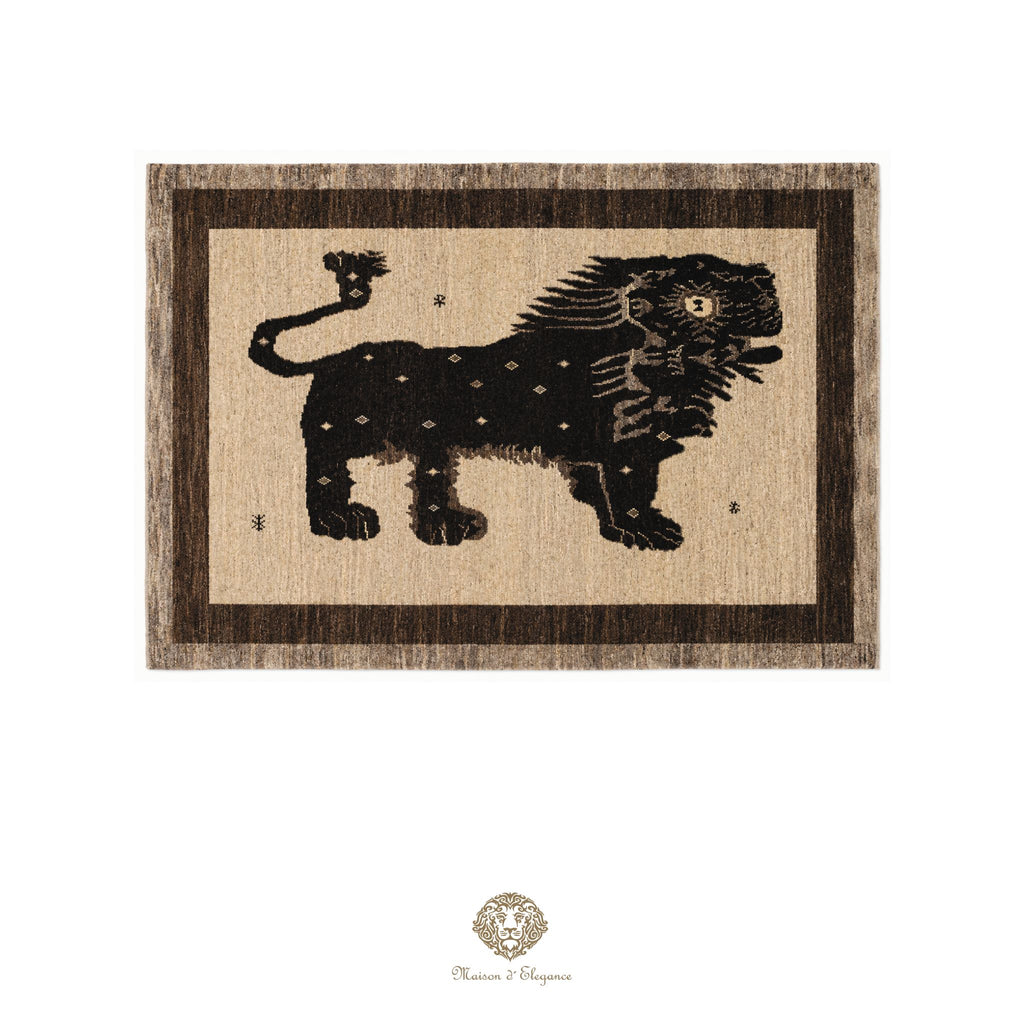 Alfombra persa Yalameh con diseño tribal de león, teñida con tintes naturales | Hecha a mano, 123 x 180 cm