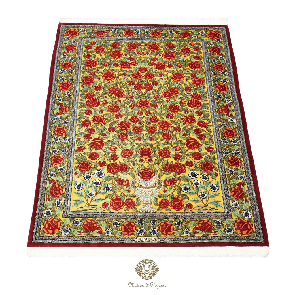 Alfombra persa exclusiva de seda pura - Obra maestra anudada a mano con tintes naturales, firmada, 104 x 162 cm, Diseño de mil flores