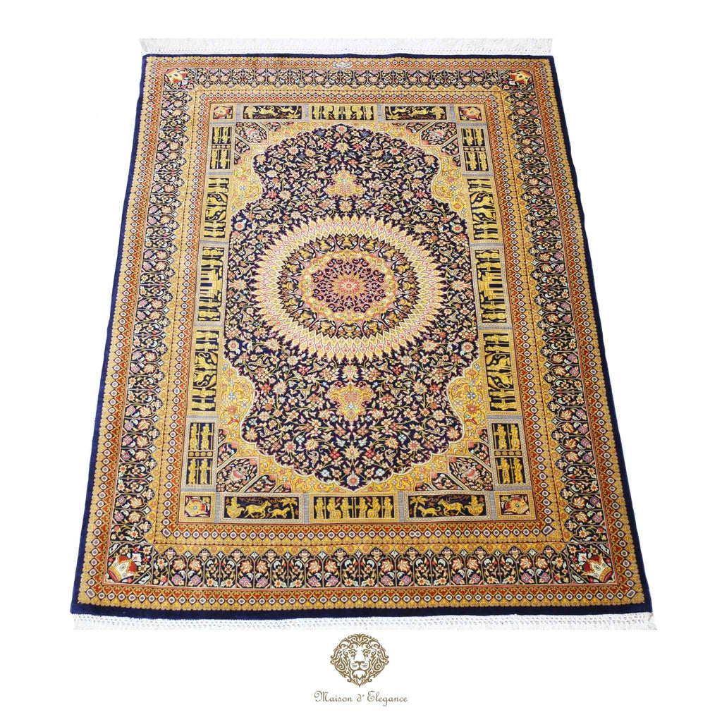 Alfombra persa exclusiva de seda pura, anudada a mano, teñida de forma natural, obra maestra de alta gama, firmada, 98 x 160 cm