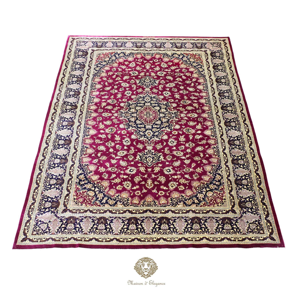 Alfombra persa exclusiva de seda pura, anudada a mano, teñida con tintes naturales, diseño de medallón sobre fondo rojo, obra maestra de alta gama, firmada, 128 x 210 cm.