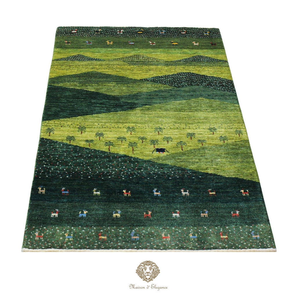 Green landscape rug with animal illustrations on a green background