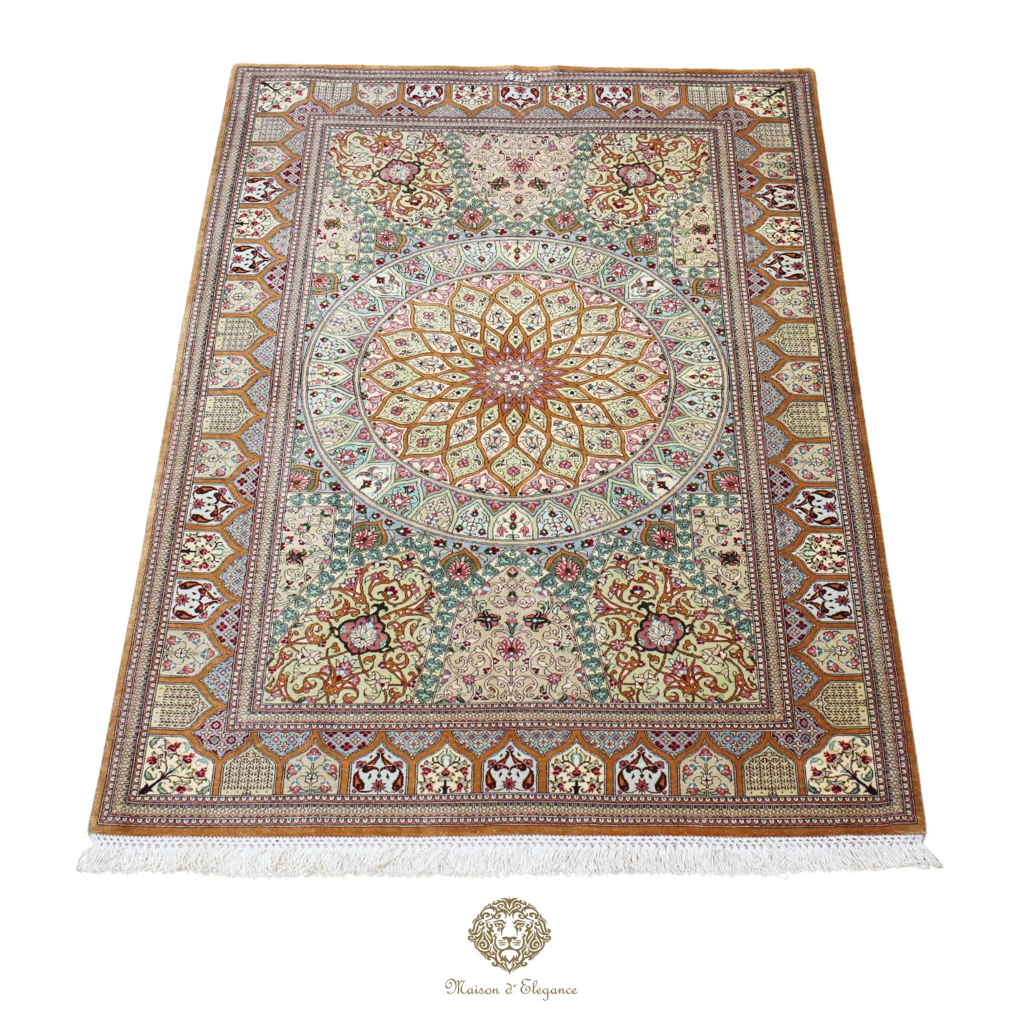 Alfombra persa exclusiva de seda pura, anudada a mano, teñida con tintes naturales, diseño Medallón, obra maestra de alta gama, firmada, 100 x 153 cm.