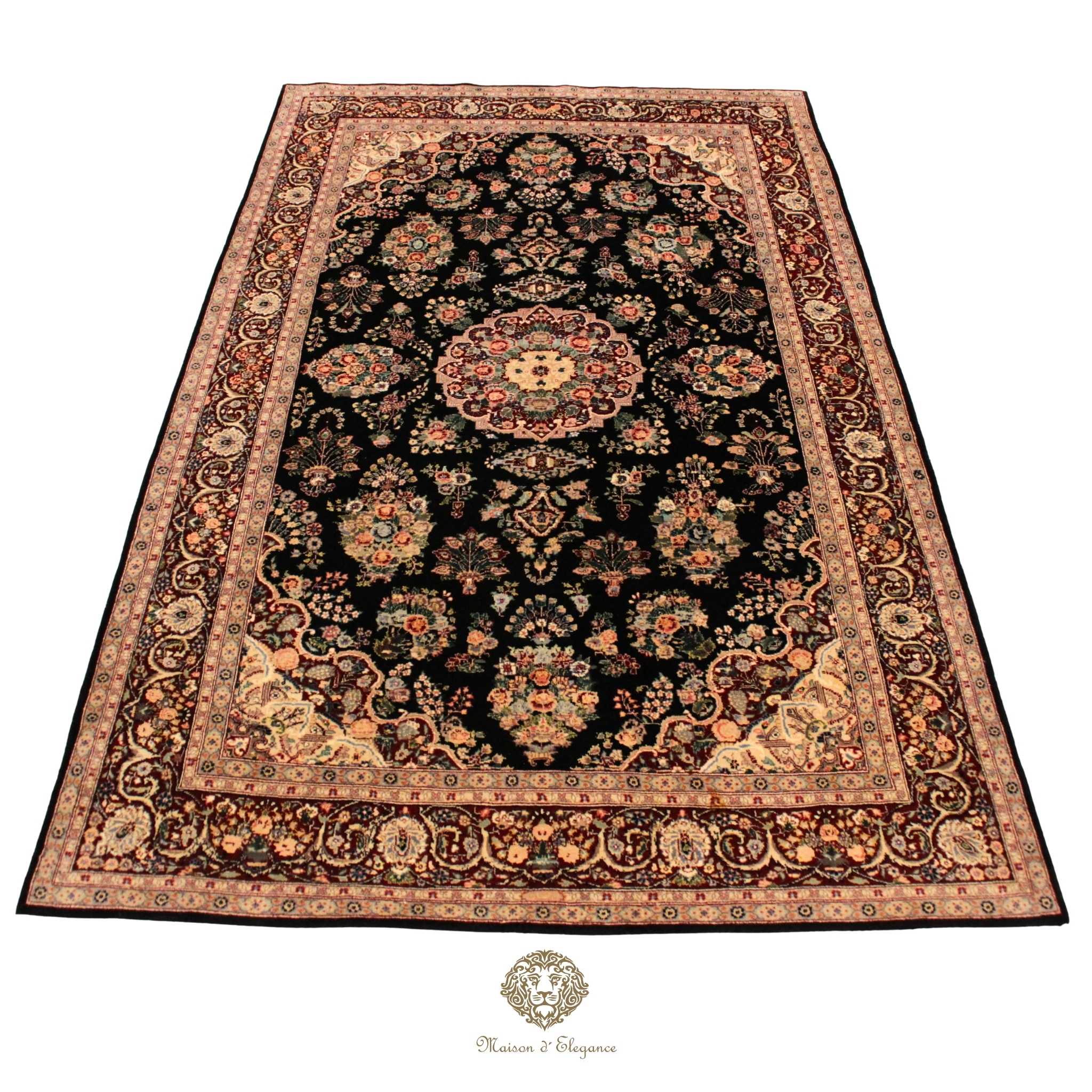 Decorative rug with intricate patterns on a Brown background