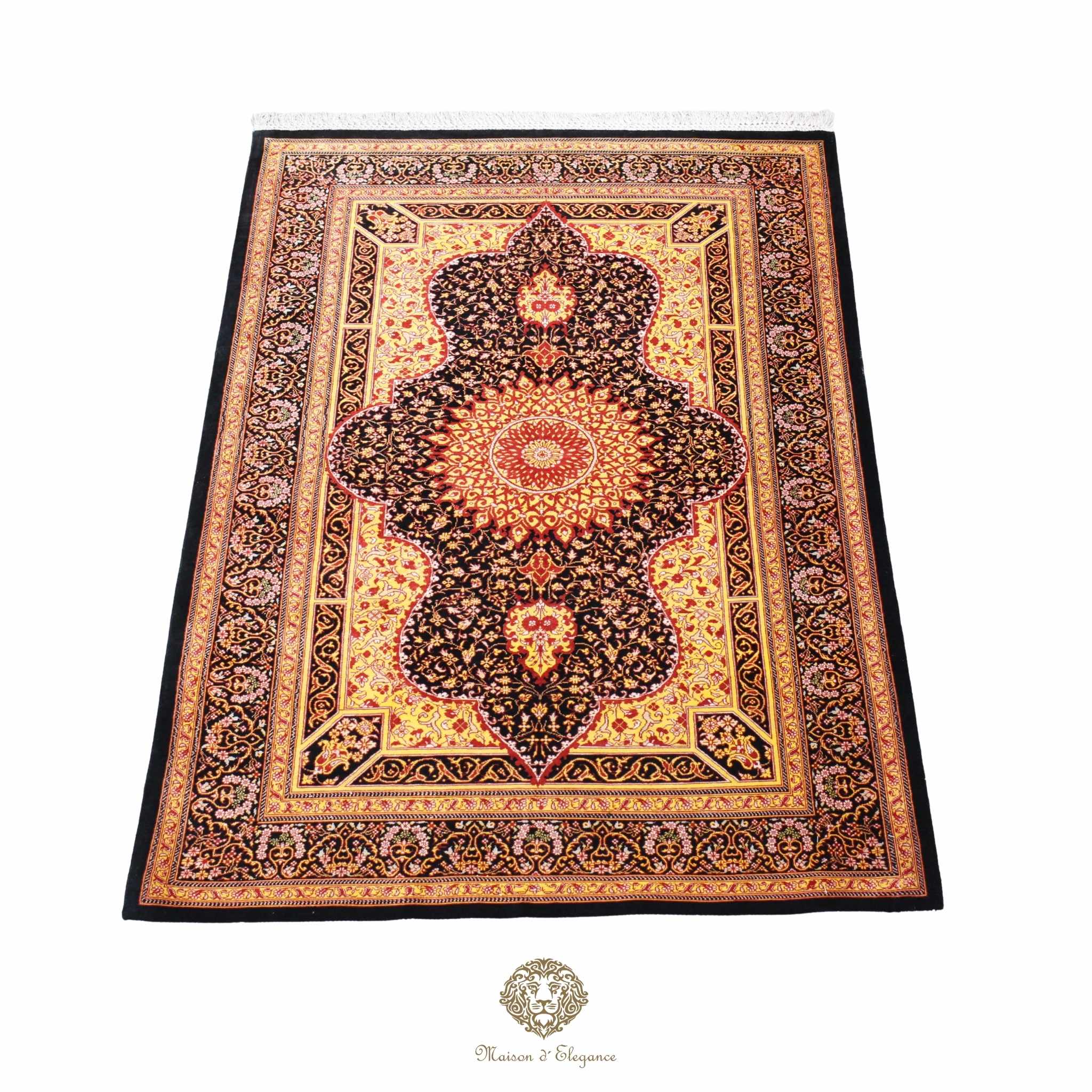 Alfombra persa exclusiva de seda pura, anudada a mano, teñida con tintes naturales, obra maestra con diseño de medallón, firmada, 97x150 cm
