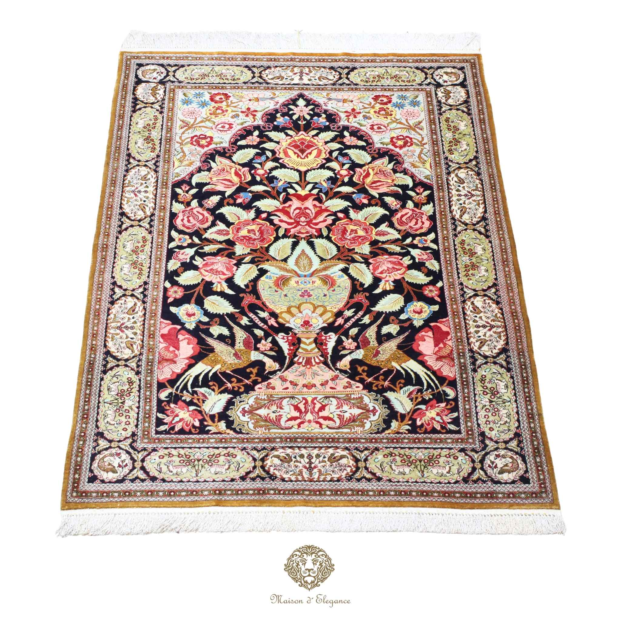 Alfombra persa exclusiva de seda pura - Obra maestra anudada a mano con tintes naturales, firmada, 105 x 157 cm, diseño de oración floral