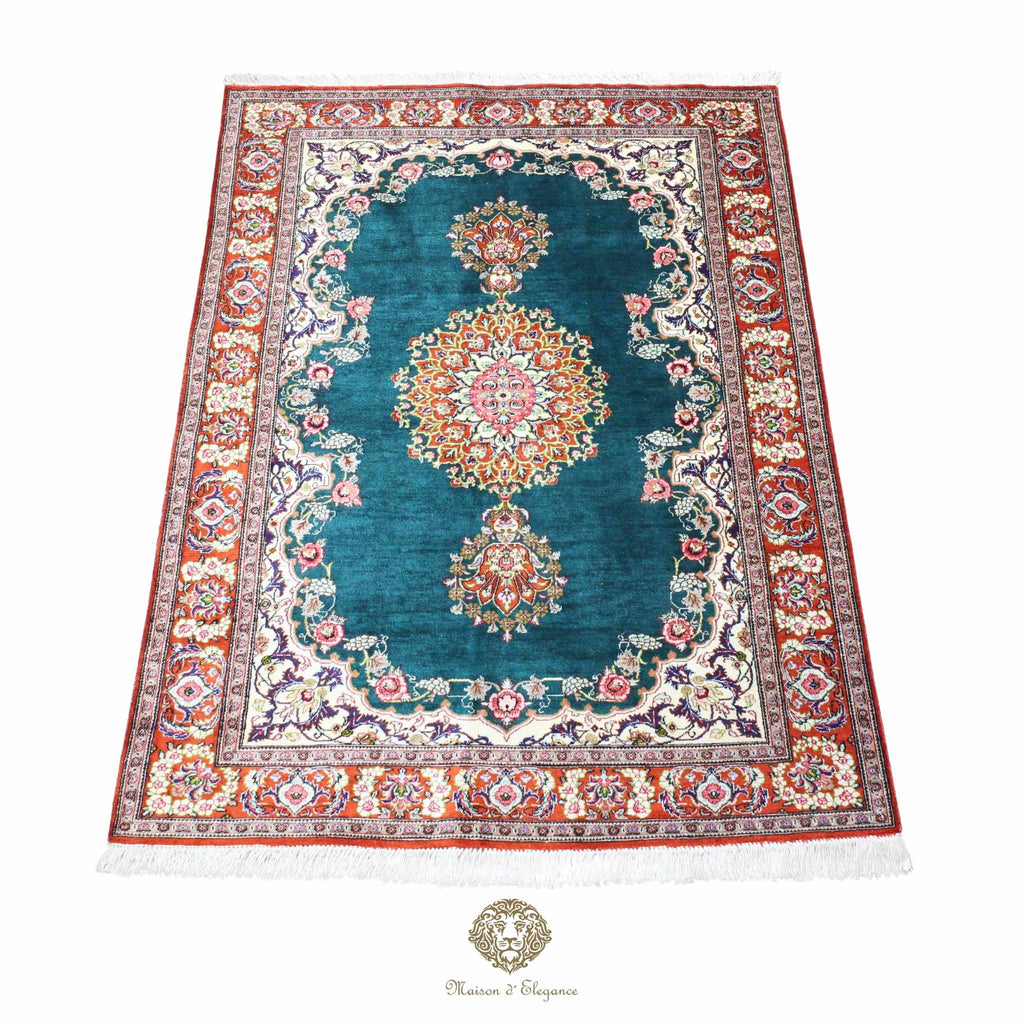 Alfombra persa exclusiva de seda pura, anudada a mano, teñida de forma natural, obra maestra de alta gama, firmada, 157 x 98 cm Turquesa